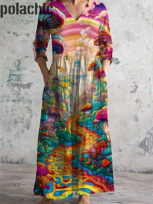 Rétro Hippie Art Imprimé Chic V Cou Trois Quarts Manches Élégante Robe Midi A / S