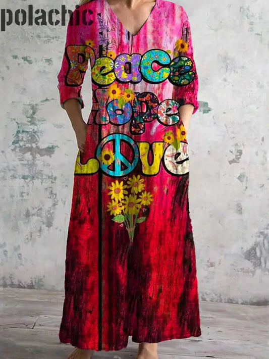 Rétro Hippie Art Imprimé Chic V Cou Trois Quarts Manches Élégante Robe Midi A / S