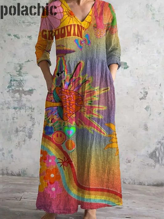 Rétro Hippie Art Imprimé Chic V Cou Trois Quarts Manches Élégante Robe Midi A / S