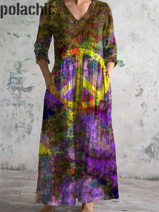 Rétro Hippie Art Imprimé Chic V Cou Trois Quarts Manches Robe Élégante Midi A / S