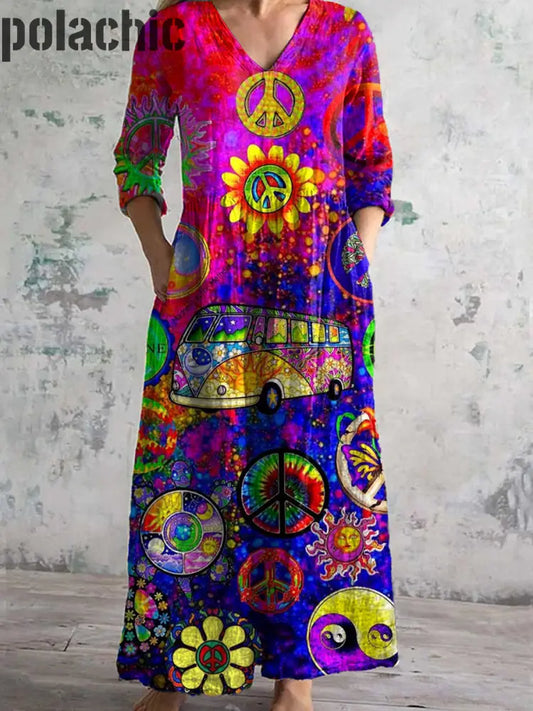 Rétro Hippie Art Imprimé Chic V Cou Trois Quarts Manches Robe Élégante Midi A / S