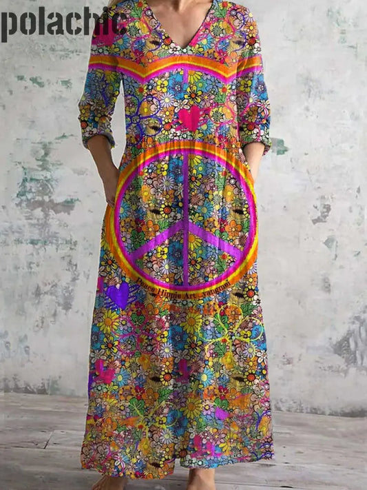 Rétro Hippie Art Imprimé Chic V Cou Trois Quarts Manches Robe Élégante Midi A / S