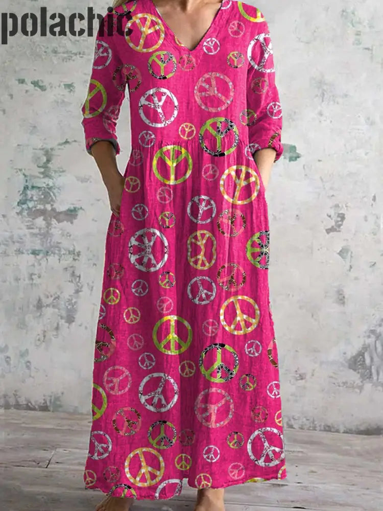 Rétro Hippie Art Imprimé Chic V Cou Trois Quarts Manches Robe Élégante Midi A / S