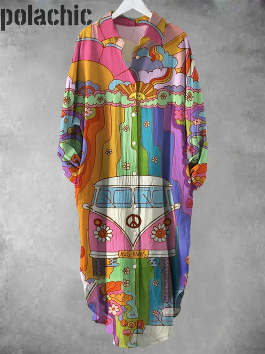 Rétro Hippie Art Imprimer Chic Manches Longues Casual Col En V Boutonné Robe Chemise Lâche A / S