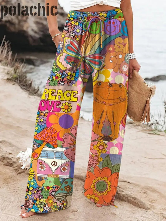 Retro Hippie Art Imprimer Taille Élastique Drawstring Pocket Pantalon Décontracté A / S