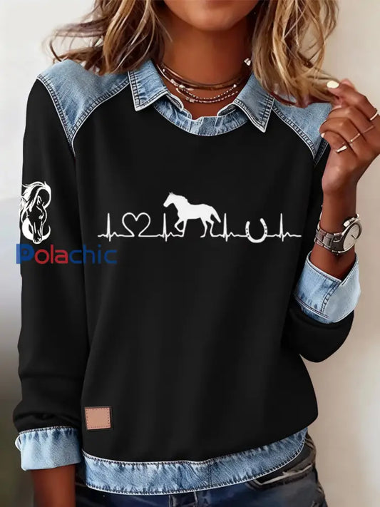 Retro Horse Print Horse Lovers Sweat-shirt décontracté pour femmes Noir / S