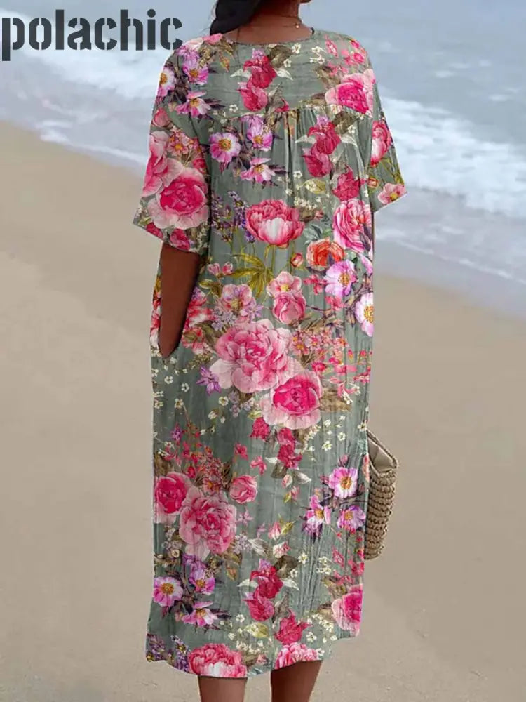 Rétro Imprimé Floral Col En V Élégant Chic Lâche Robe Mi-Longue À Manches Courtes