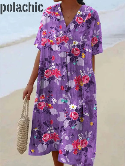 Rétro Imprimé Floral Col En V Élégant Chic Lâche Robe Mi-Longue À Manches Courtes A / S