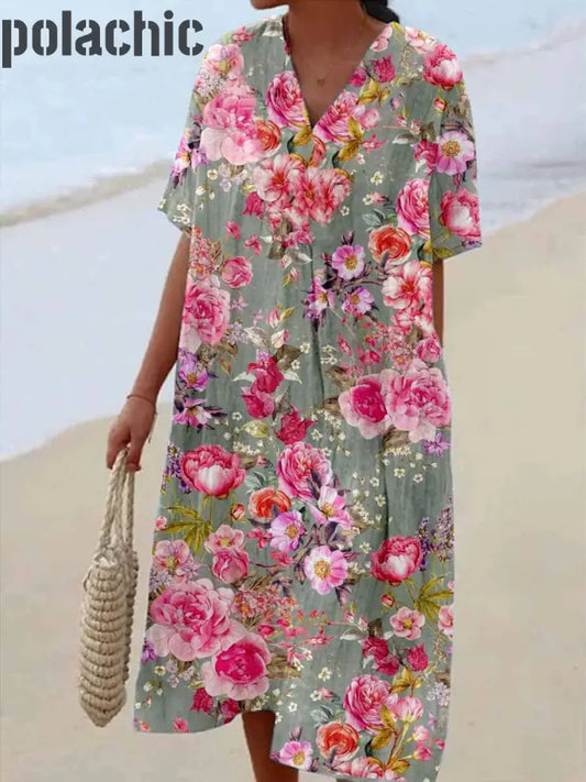 Rétro Imprimé Floral Col En V Élégant Chic Lâche Robe Mi-Longue À Manches Courtes A / S