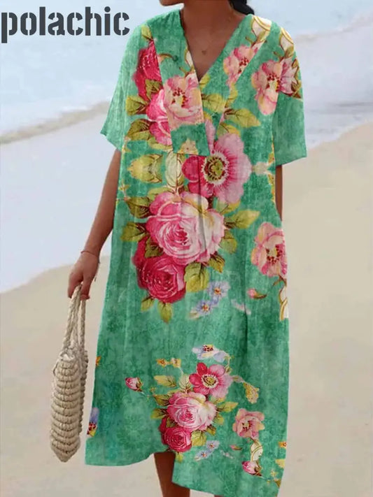 Rétro Imprimé Floral Col En V Élégant Chic Lâche Robe Mi-Longue À Manches Courtes A / S