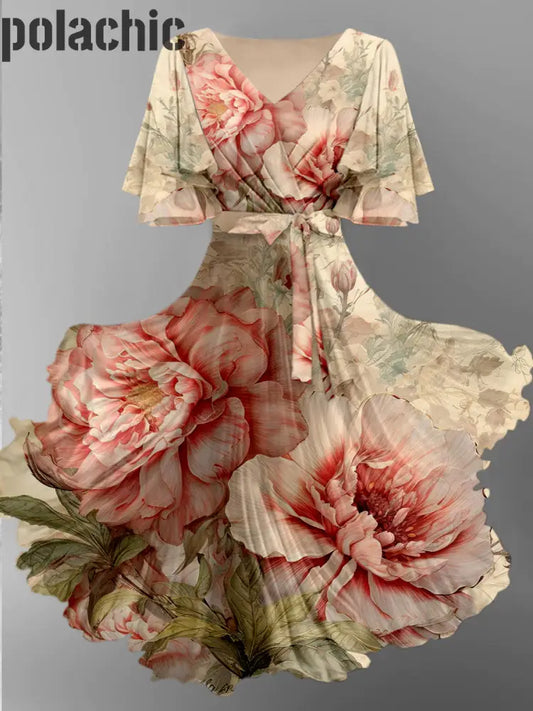 Rétro Imprimé Floral Col En V Vintage Sangle Mousseline De Soie À Manches Courtes Midi Dress A / S