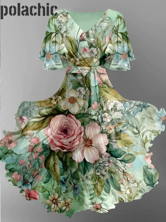 Rétro Imprimé Floral Col En V Vintage Sangle Mousseline De Soie À Manches Courtes Midi Dress A / S