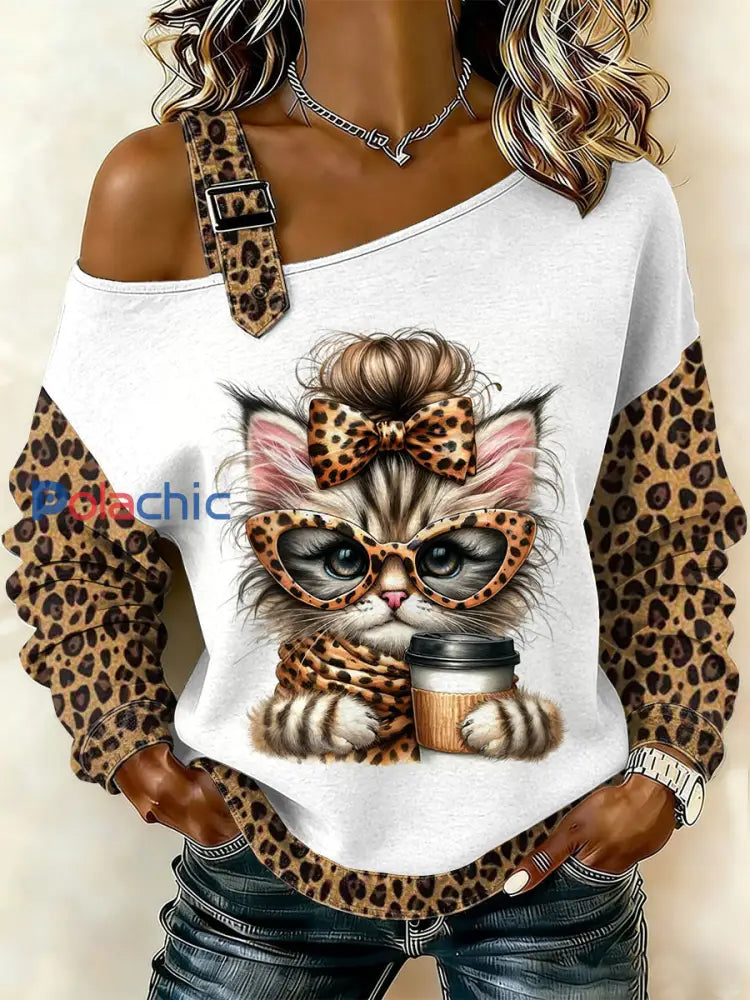 Rétro Léopard Chat Patchwork Imprimé Casual Off-épaule Sweatshirt des femmes comme image / S