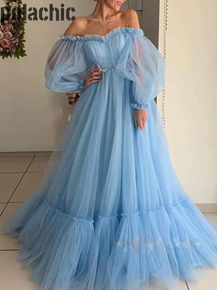 Rétro Maille Une Épaule Robe À Manches Longues Longue Des Femmes Bleu / S