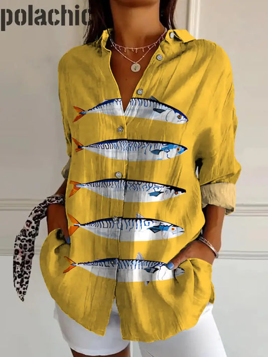 Rétro Marine Poissons Art Print Vintage Chic V-Neck Button Up Chemise À Manches Longues A / S