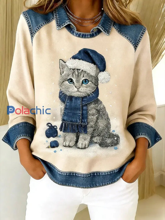 Rétro Mignon Chat Denim Écharpe Patchwork Imprimé Casual Loose Manches Longues Revers Sweat Abricot / S