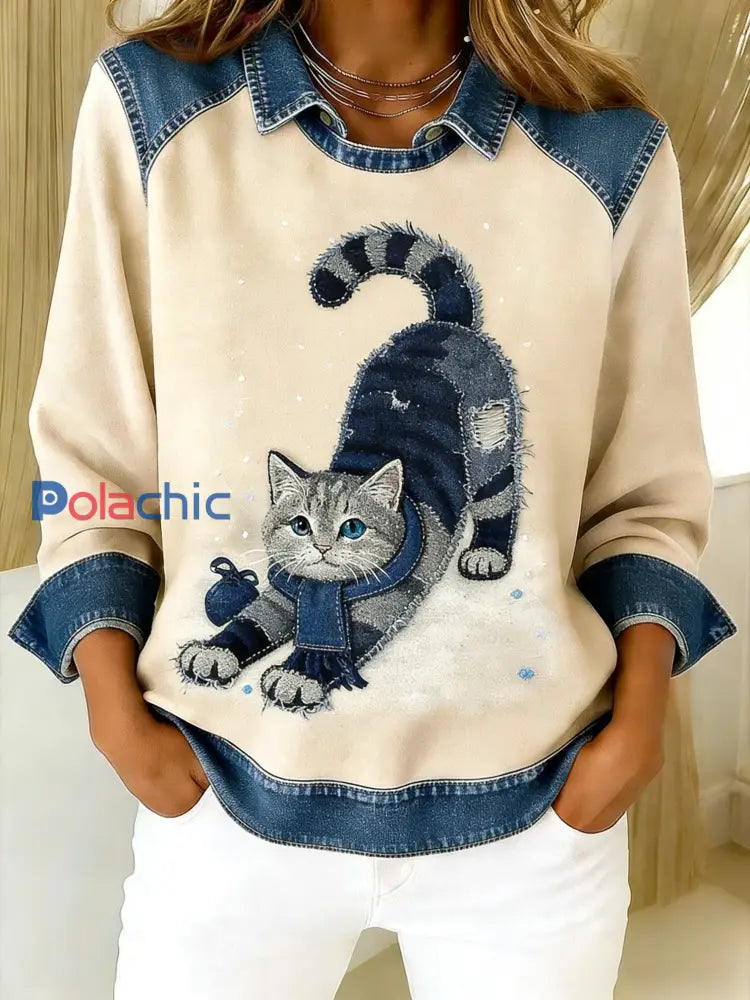 Rétro Mignon Chat Denim Écharpe Patchwork Imprimé Casual Loose Manches Longues Revers Sweat Abricot / S
