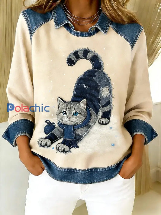 Rétro Mignon Chat Denim Écharpe Patchwork Imprimé Casual Loose Manches Longues Revers Sweat Abricot / S