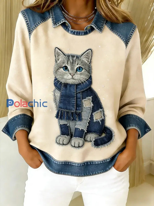 Rétro Mignon Chat Denim Écharpe Patchwork Imprimé Casual Loose Manches Longues Revers Sweat Abricot / S