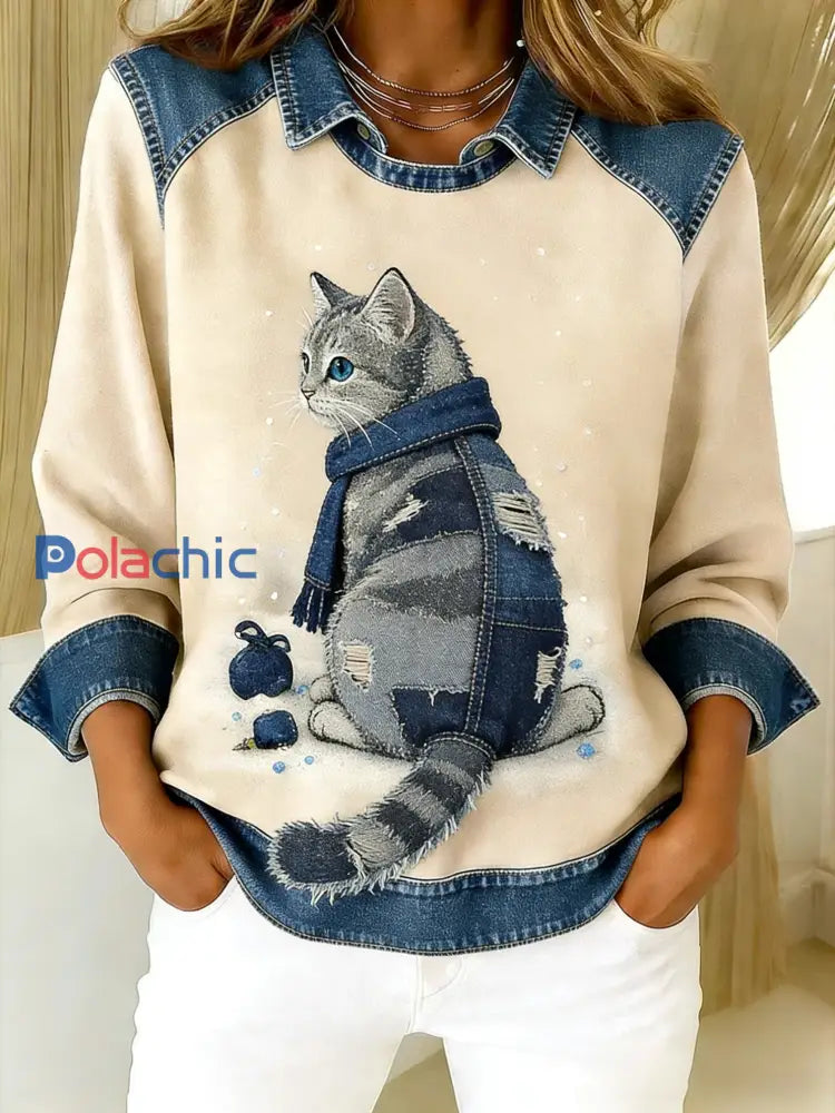 Rétro Mignon Chat Denim Écharpe Patchwork Imprimé Casual Loose Manches Longues Revers Sweat Abricot / S