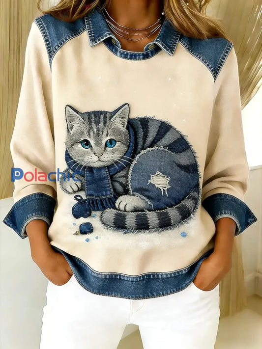 Rétro Mignon Chat Denim Écharpe Patchwork Imprimé Casual Loose Manches Longues Revers Sweat Abricot / S