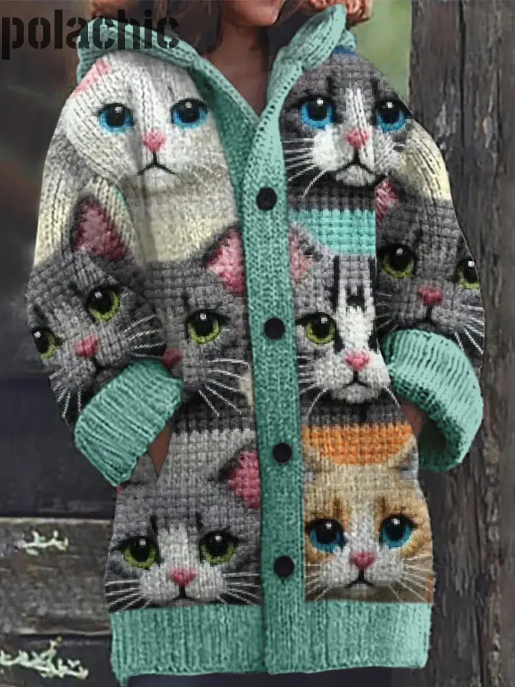 Rétro Mignon Chat Imprimé Boutonné À Manches Longues Épais Cardigan Capuche Pull En Tricot A / S