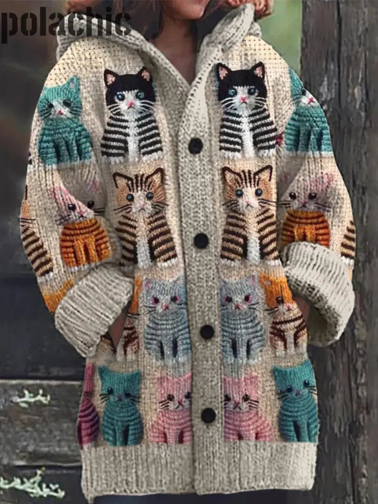 Rétro Mignon Chat Imprimé Boutonné À Manches Longues Épais Cardigan Capuche Pull En Tricot A / S