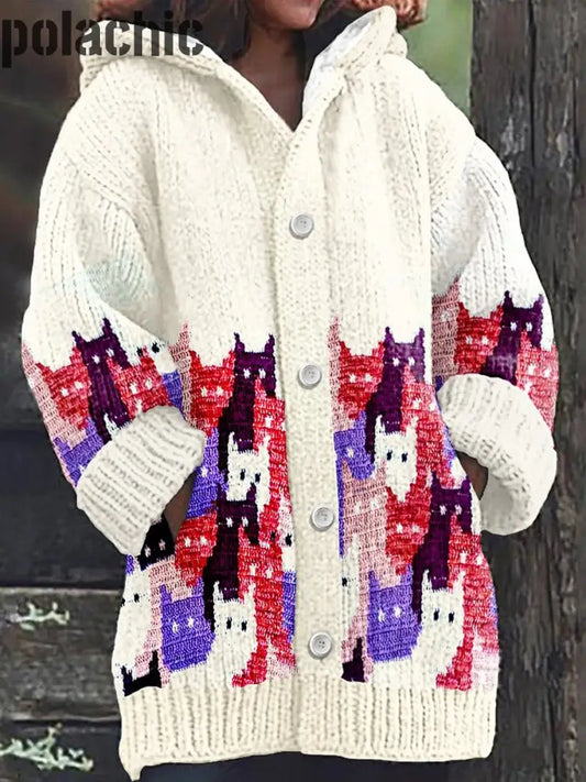 Rétro Mignon Chat Imprimé Boutonné À Manches Longues Épais Cardigan Capuche Pull En Tricot A / S