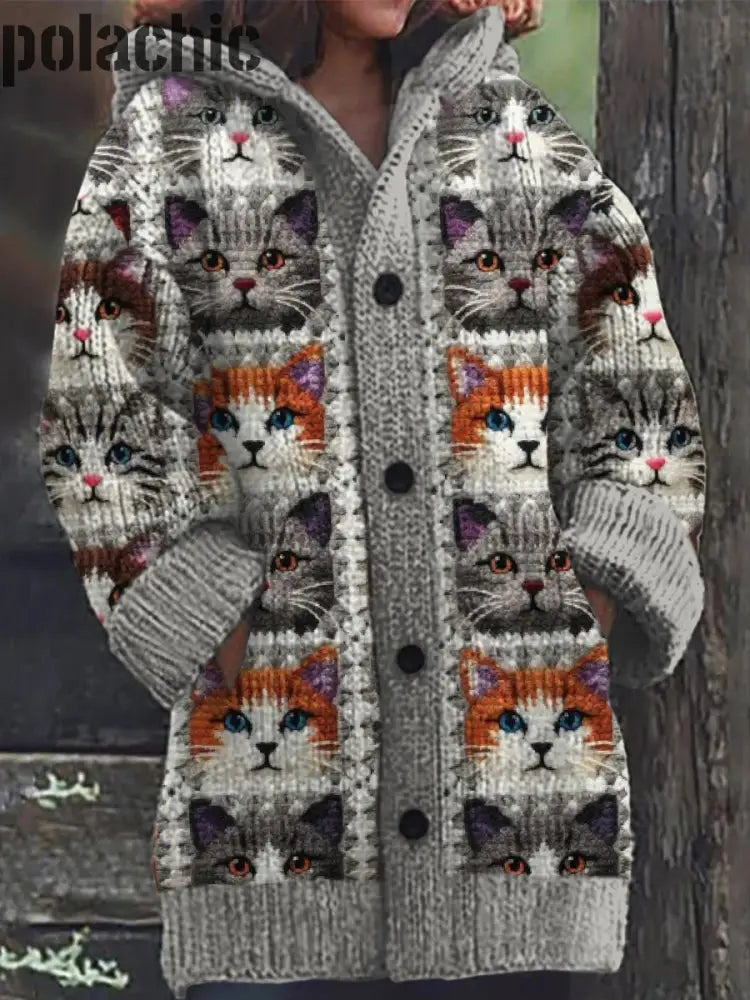 Rétro Mignon Chat Imprimé Boutonné À Manches Longues Épais Cardigan Capuche Pull En Tricot A / S