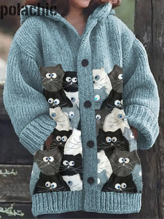 Rétro Mignon Chat Imprimé Boutonné À Manches Longues Épais Cardigan Capuche Pull En Tricot A / S