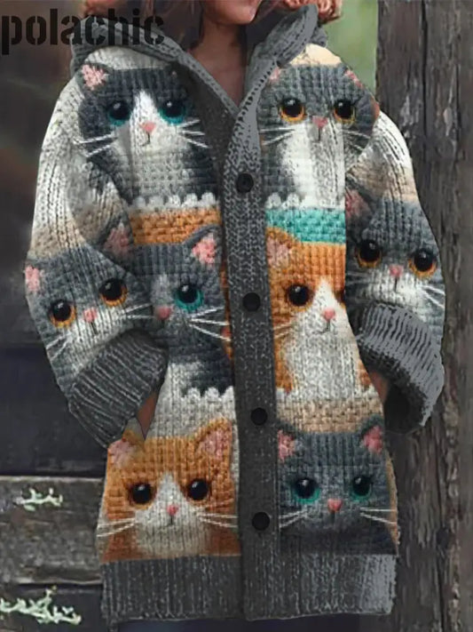 Rétro Mignon Chat Imprimé Boutonné À Manches Longues Épais Cardigan Capuche Pull En Tricot A / S