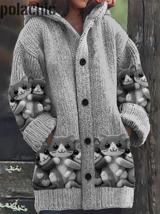 Rétro Mignon Chat Imprimé Boutonné À Manches Longues Épais Cardigan Capuche Pull En Tricot A / S