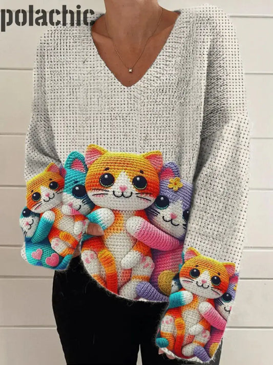 Rétro Mignon Chat Imprimé Vintage Chic Col V À Manches Longues Épais Pull En Tricot