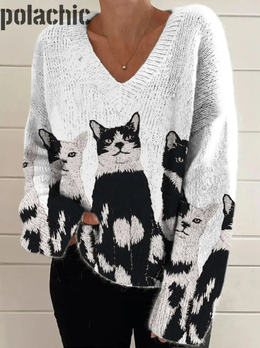 Rétro Mignon Chat Imprimé Vintage Chic Col V À Manches Longues Épais Pull En Tricot A / S