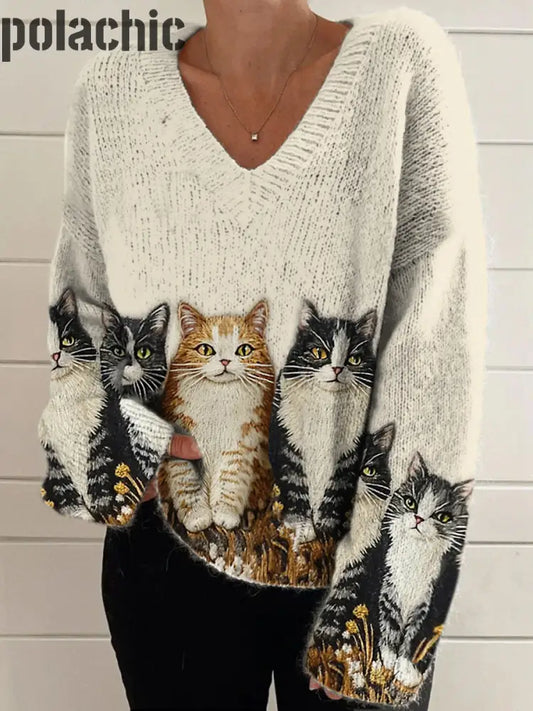 Rétro Mignon Chat Imprimé Vintage Chic Col V À Manches Longues Épais Pull En Tricot A / S