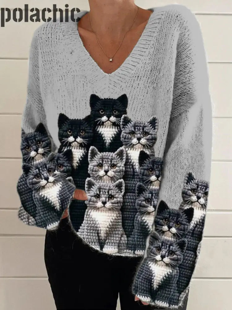 Rétro Mignon Chat Imprimé Vintage Chic Col V À Manches Longues Épais Pull En Tricot A / S