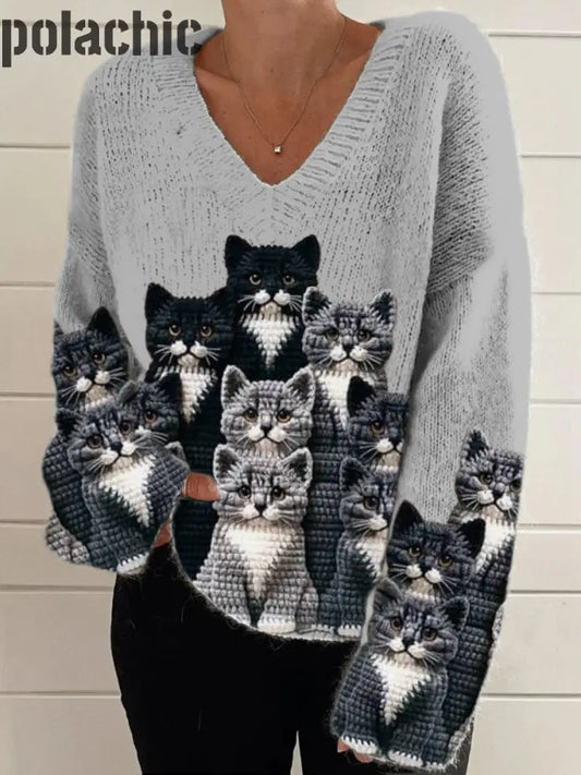 Rétro Mignon Chat Imprimé Vintage Chic Col V À Manches Longues Épais Pull En Tricot A / S