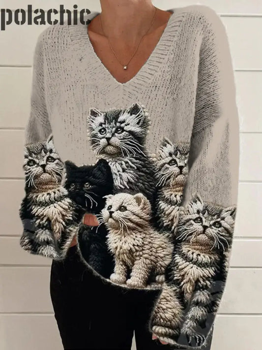 Rétro Mignon Chat Imprimé Vintage Chic Col V À Manches Longues Épais Pull En Tricot A / S