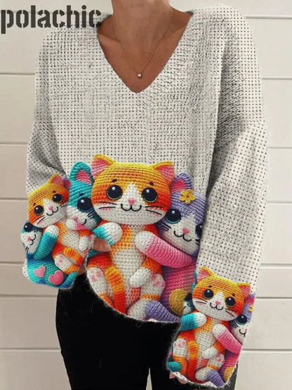 Rétro Mignon Chat Imprimé Vintage Chic Col V À Manches Longues Épais Pull En Tricot A / S