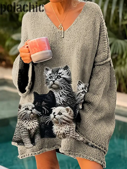 Rétro Mignon Chat Imprimé Vintage Lâche Chic Col En V À Manches Longues Tricot Épais Pull A / S