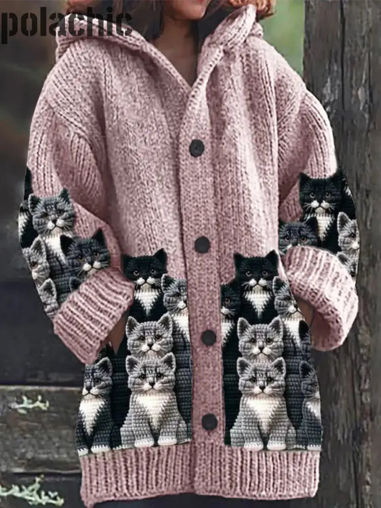 Rétro Mignon Pet Print Button Up Épais Chandail À Capuchon Manches Longues Cardigan B / S