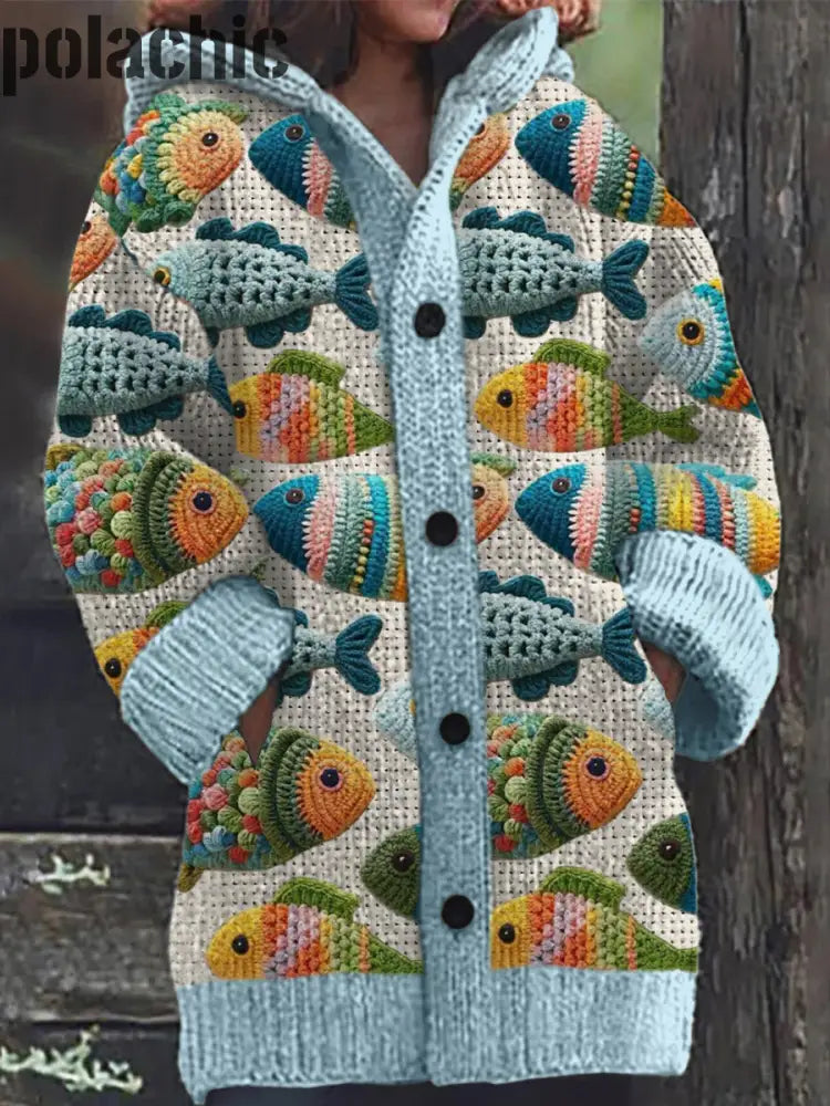 Rétro Mignon Poissons Imprimer Bouton Épais À Manches Longues Capuche Cardigan Pull En Tricot A / S