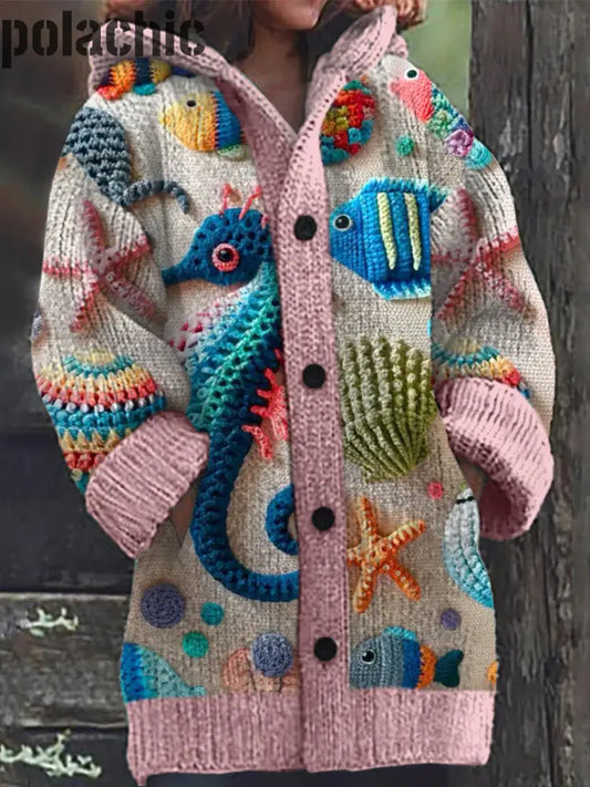 Rétro Mignon Poissons Imprimer Bouton Épais À Manches Longues Capuche Cardigan Pull En Tricot A / S