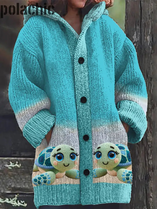 Rétro Mignon Tortue Imprimer Bouton Épais À Manches Longues Capuche Cardigan Pull En Tricot A / S