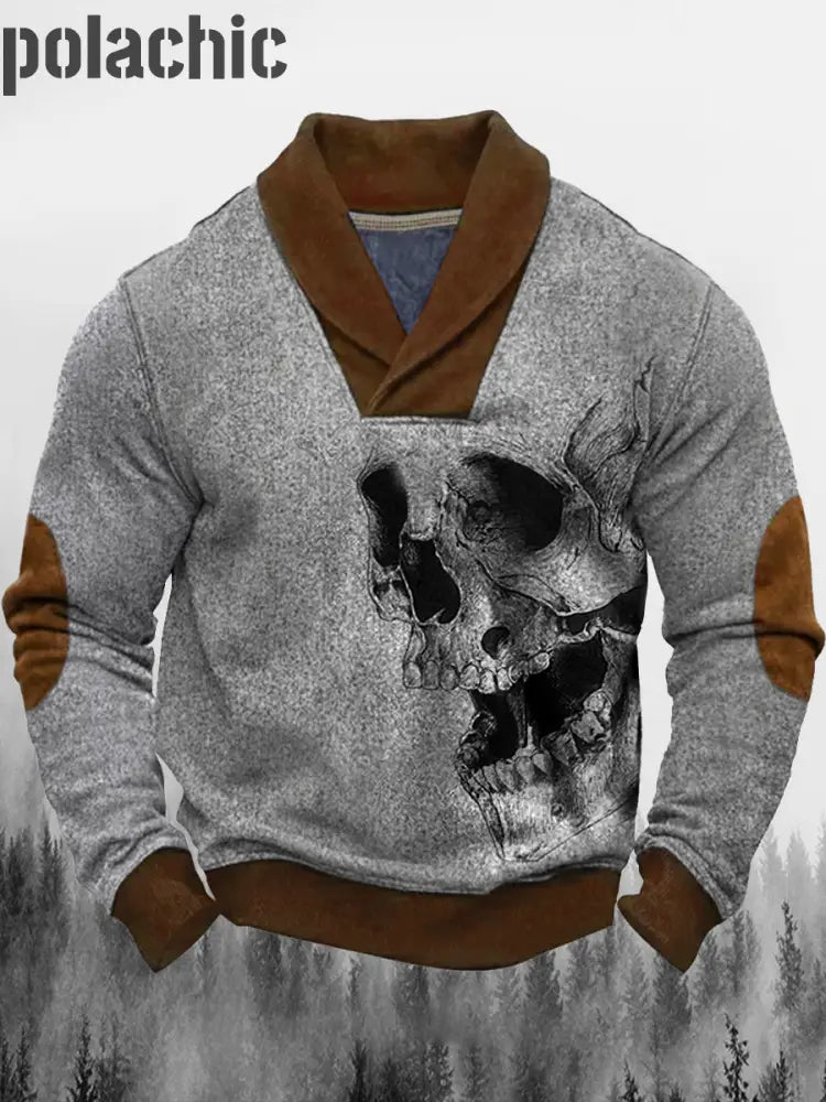 Rétro Murky Gothic Art Imprimé Western Vintage Henry V-Cou Épais En Plein Air Sweatshirt A / S