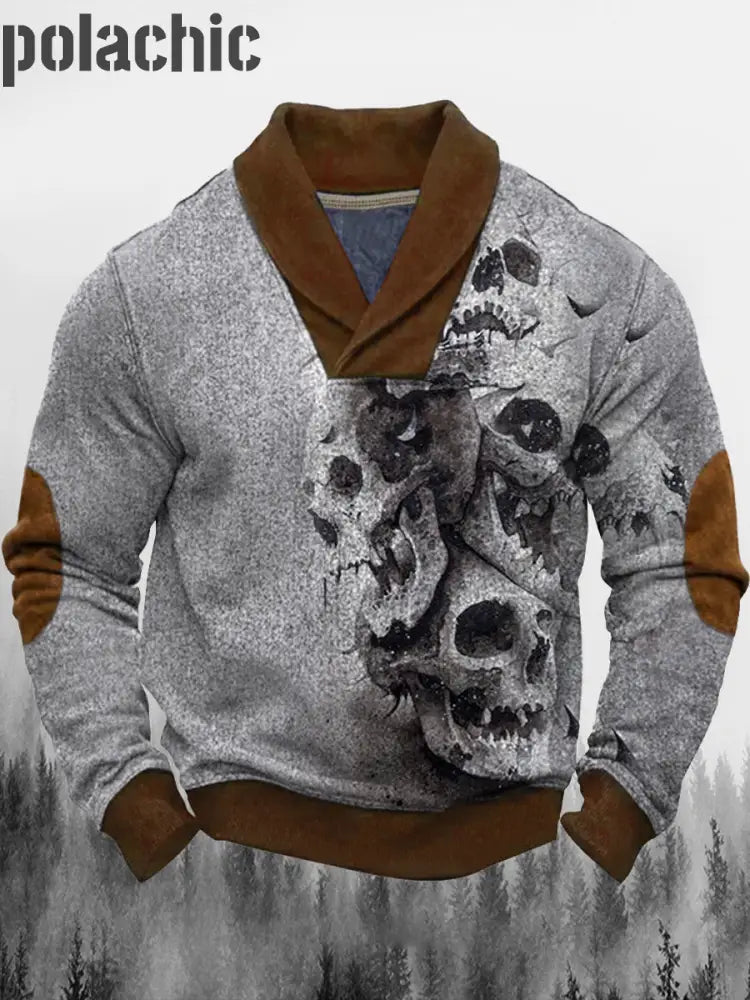 Rétro Murky Gothic Art Imprimé Western Vintage Henry V-Cou Épais En Plein Air Sweatshirt A / S