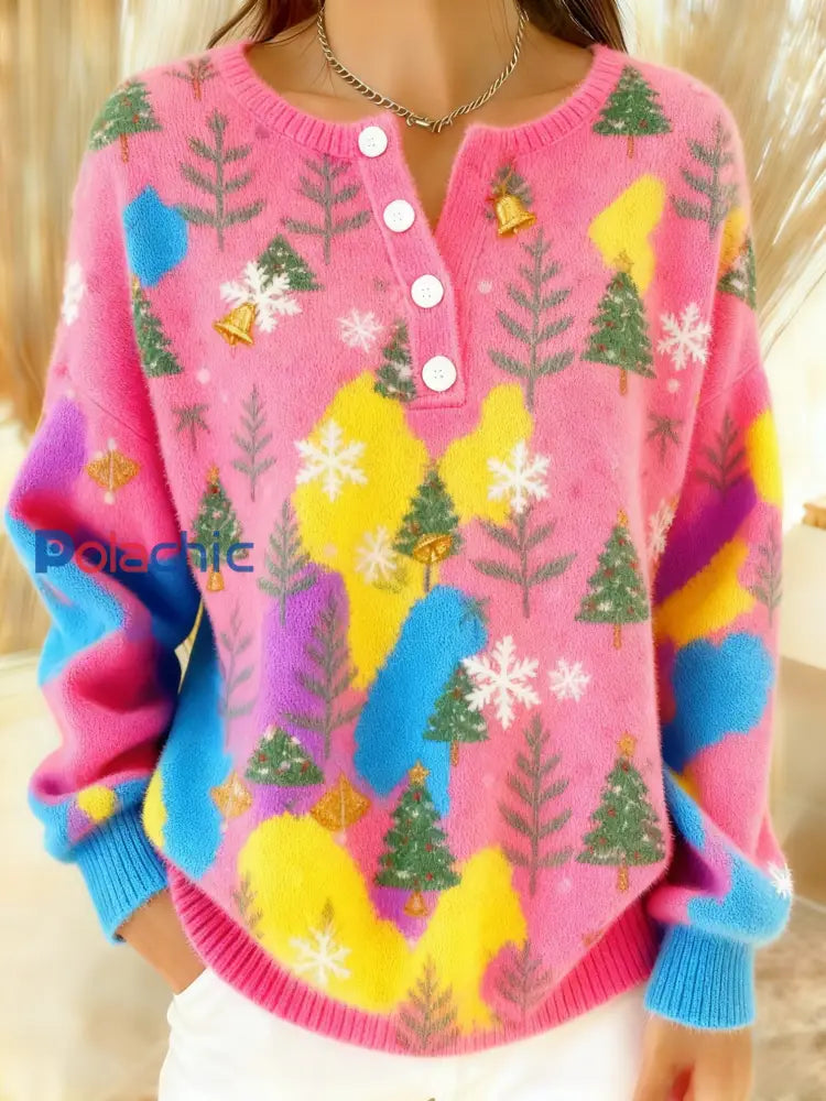Rétro Noël Académie Arbre de Noël Multicolore Imprimer Confortable Flanelle Sweatshirt Rose / S