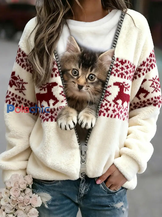 Rétro Noël Animal Art Imprimer confortable Flanelle Sweatshirt des femmes A / S