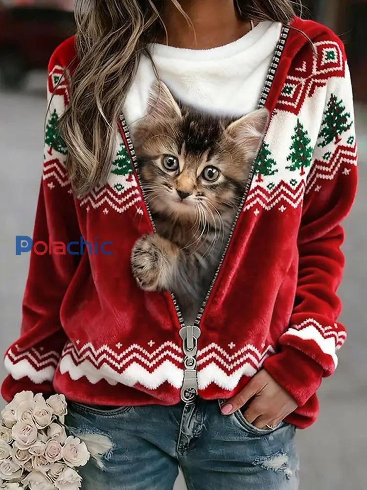 Rétro Noël Animal Art Imprimer confortable Flanelle Sweatshirt des femmes A / S