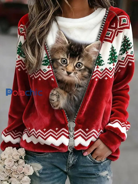 Rétro Noël Animal Art Imprimer confortable Flanelle Sweatshirt des femmes A / S